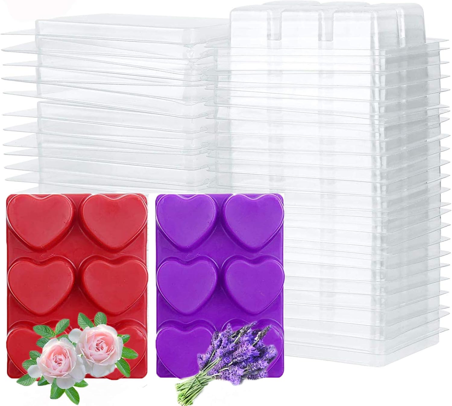 Kampo 50 Packs Wax Melt Mold, Wax Melt Clamshells Molds Heart, 6 Cavity Clear Plastic Cube Tray for Candle-Making & Soap(Only Clamshells)