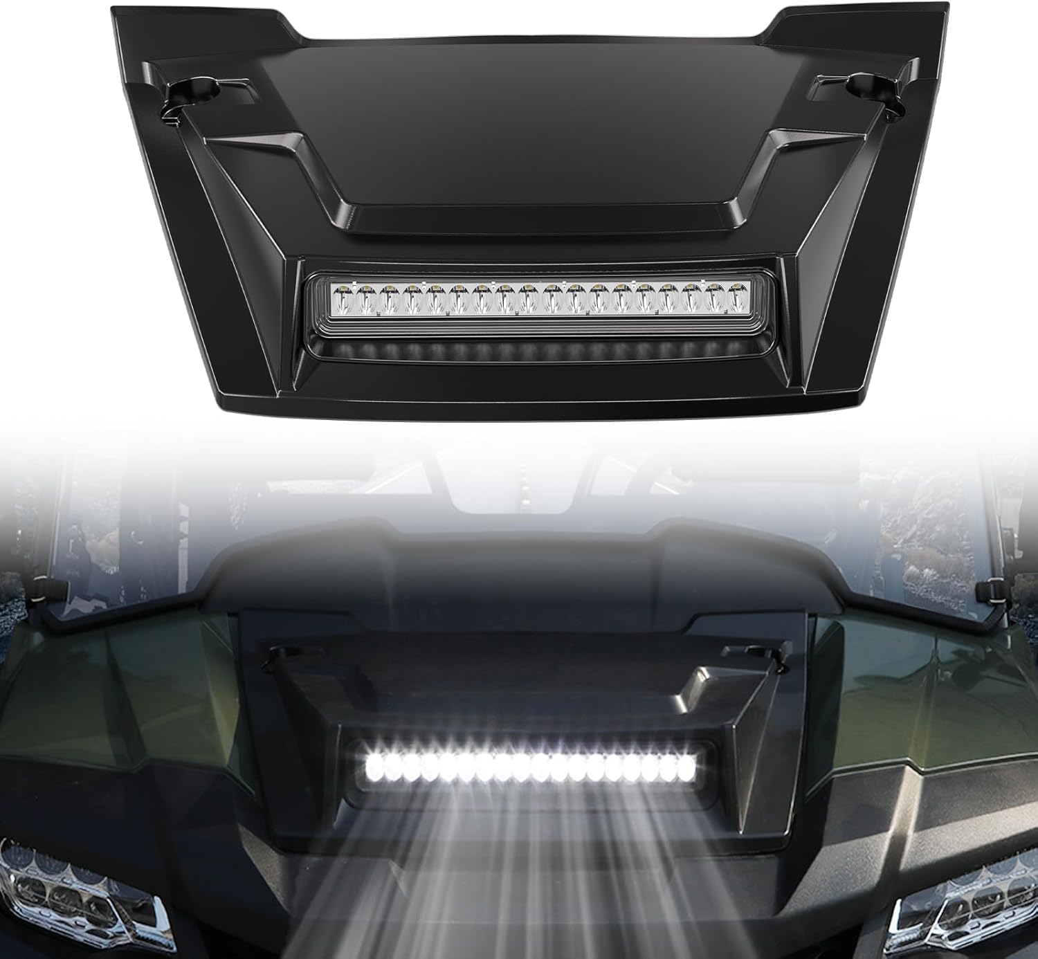 Sport Hood Scoop with LED Spotlight for Pioneer 700 2P 4P 14-25, Black PP Front Hood Cover with LED Auxiliary Light for Honda Pioneer 700-2 700-4 2014-2025 Accessories