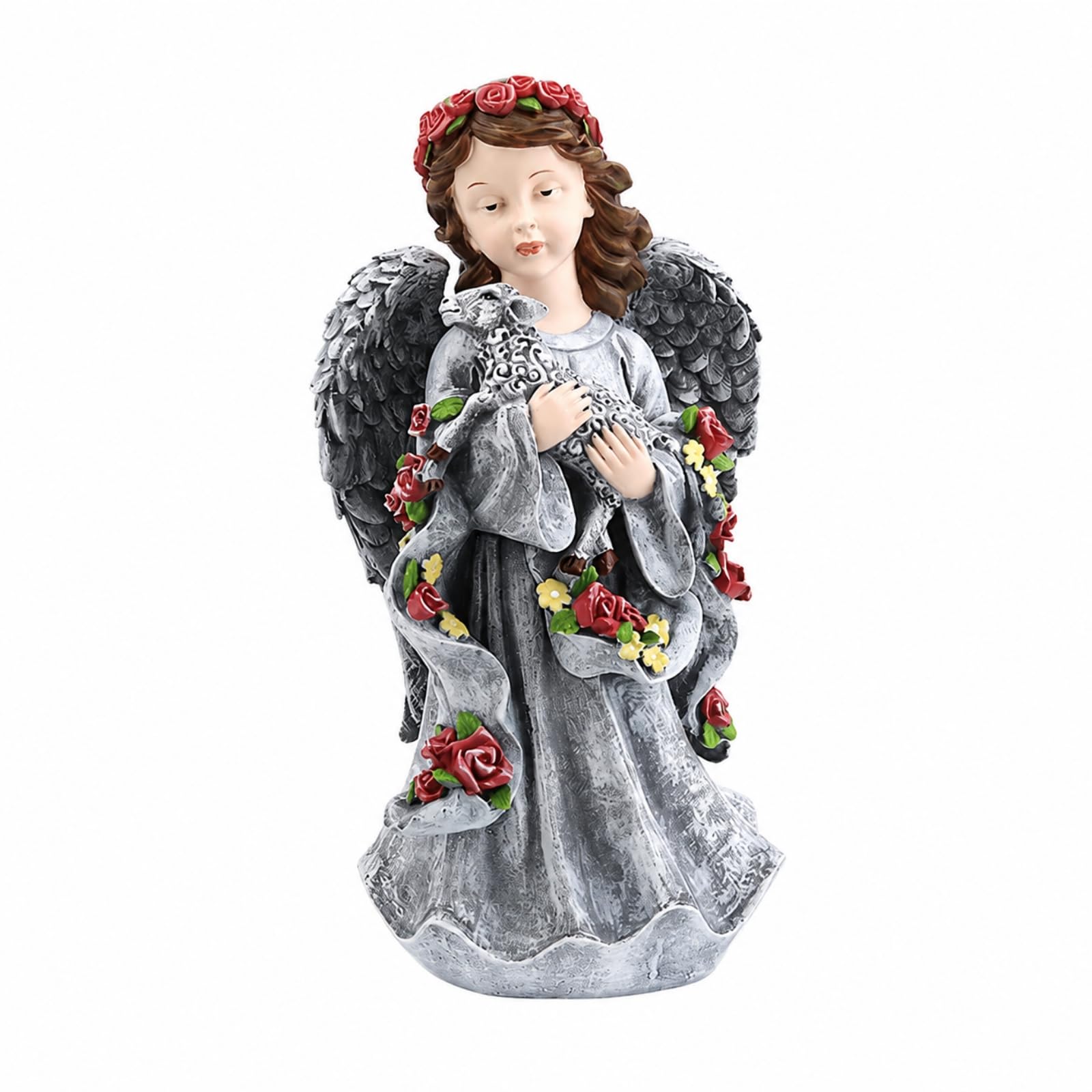 Statua da Giardino Celestiale Compatto Angelo Decorativo in Resina Durevole Figurina Celestiale con Decorazioni Floreali per Aiuola, Agnello Angelo
