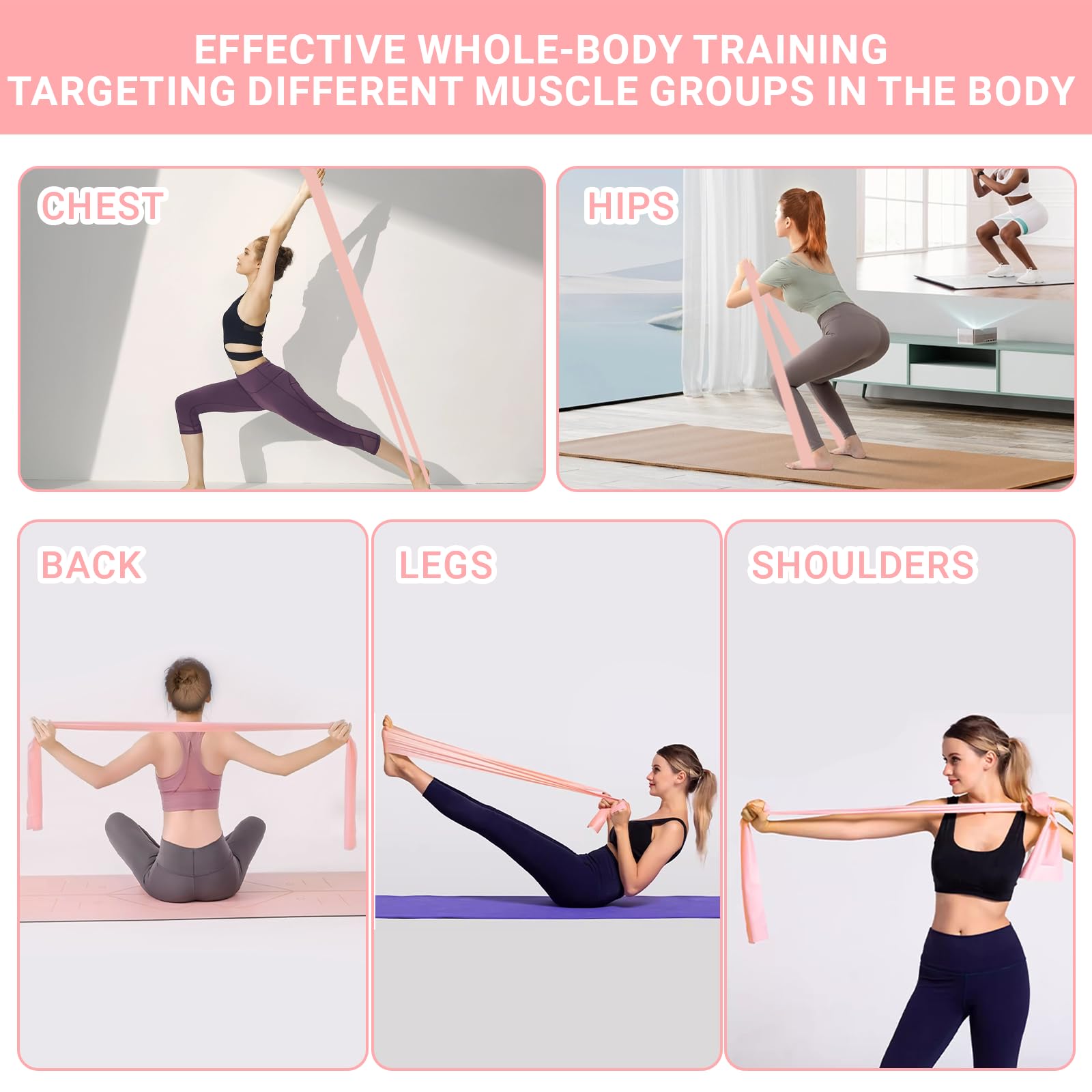 Set di 3 Bande Elastiche Fitness - Elastici fitness 1500~2000 x 150 x 0.35mm - 3 Livelli di Resistenza - Materiale TPE - Per Allenamento Muscolare, Yoga, Pilates (Rosa, Verde, Grigio)