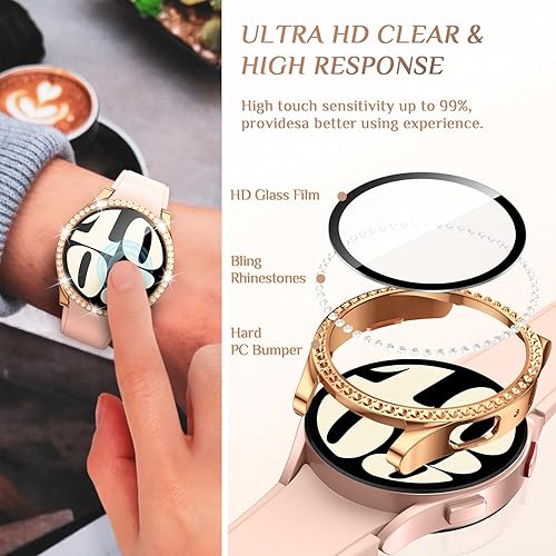 Miniatura 4 de Goton Paquete de 3 fundas brillantes para Samsung Galaxy Watch 6, protector de pantalla de 1.575 pulgadas, vidrio templado con purpurina de diamante