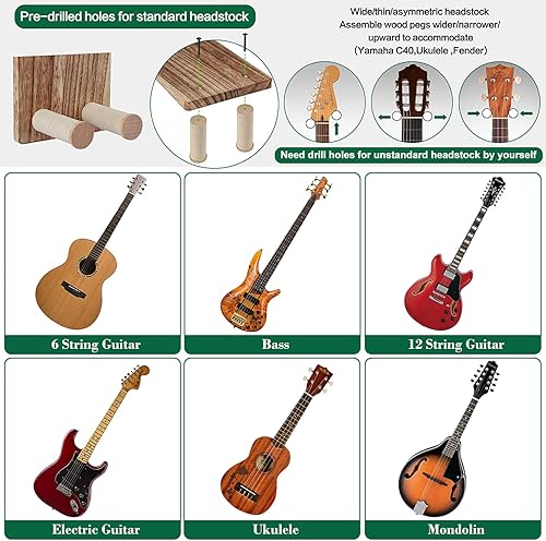 Miniatura 19 de Keebofly Soporte de pared para guitarra, paquete de 3, colgador de guitarra de madera rústica con soporte para púas para acústico, eléctrico, bajo
