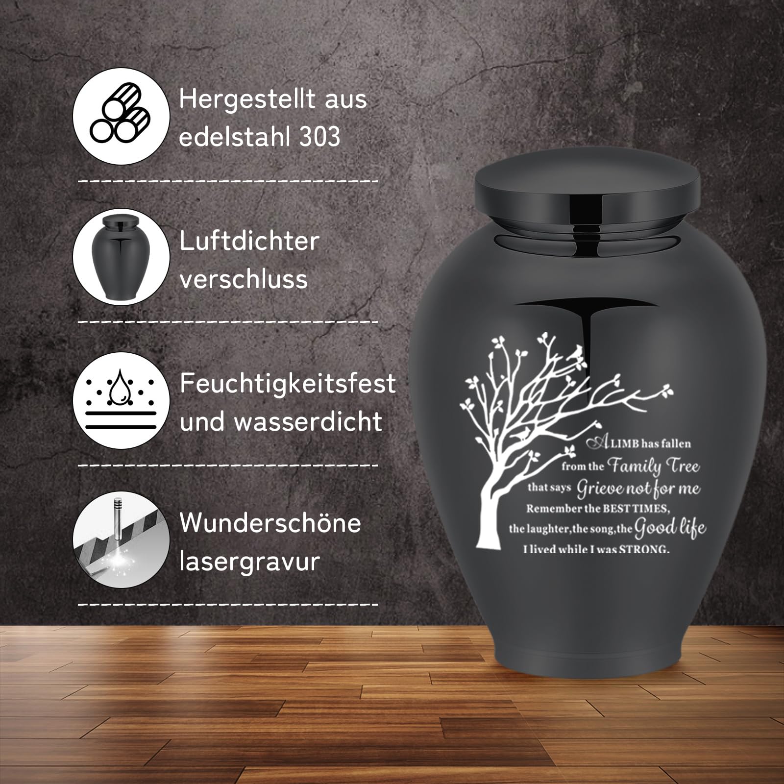Cremation Urns for Dogs Cats Ash Holder Large Urns for Human Ashes Memorial Urn for Adults Male Female Keepsake Funeral Urn (Black&tree-8.26in) - Image 4