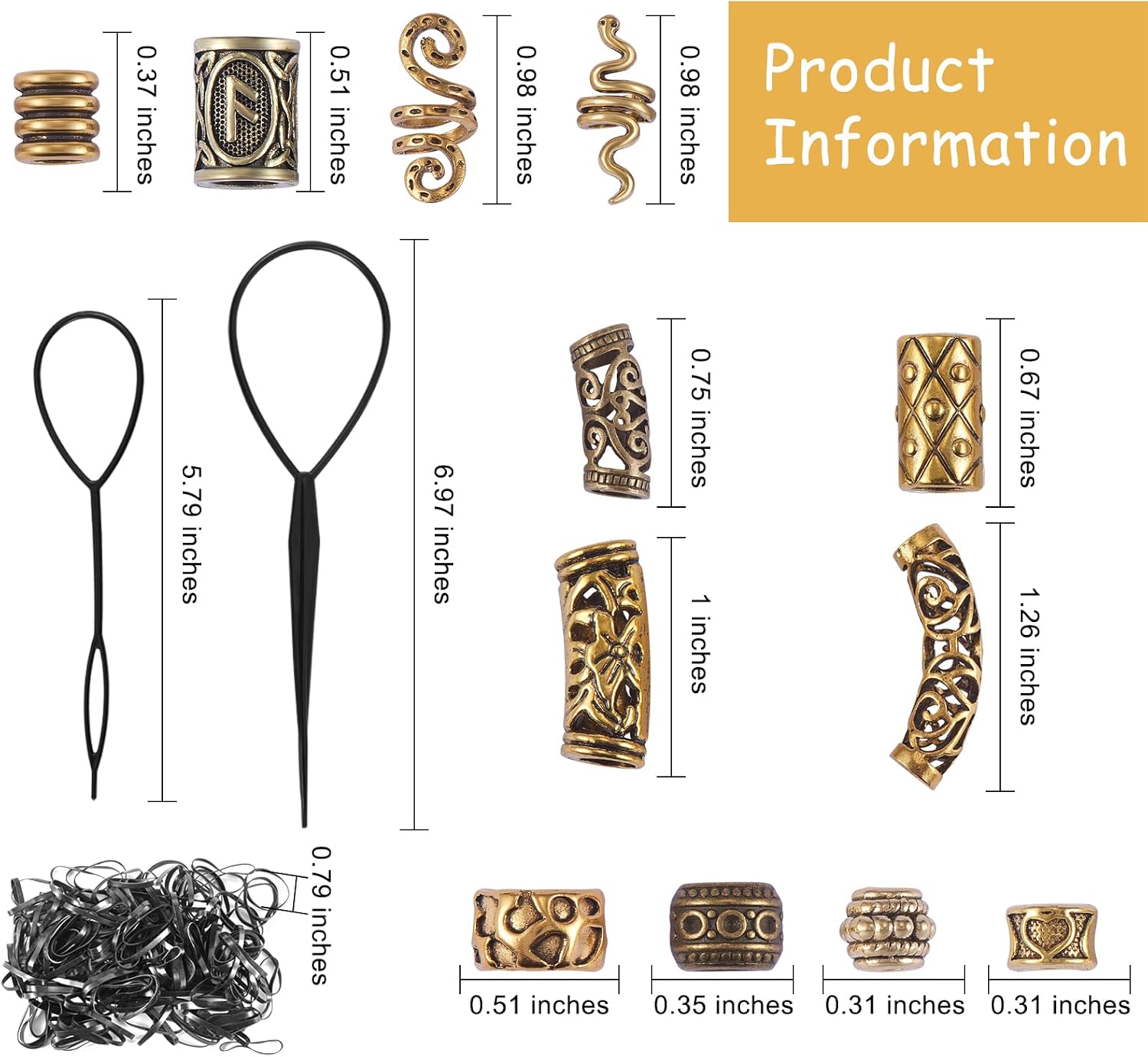 BEEFLYING 326 Pieces Viking Beard Beads Tibetan Style Alloy Beads Norse Hair Tube Loose Beads Antique Gold Hair Coil Cuffs for DIY Jewelry Making Hair Decoration (Mixed Color)