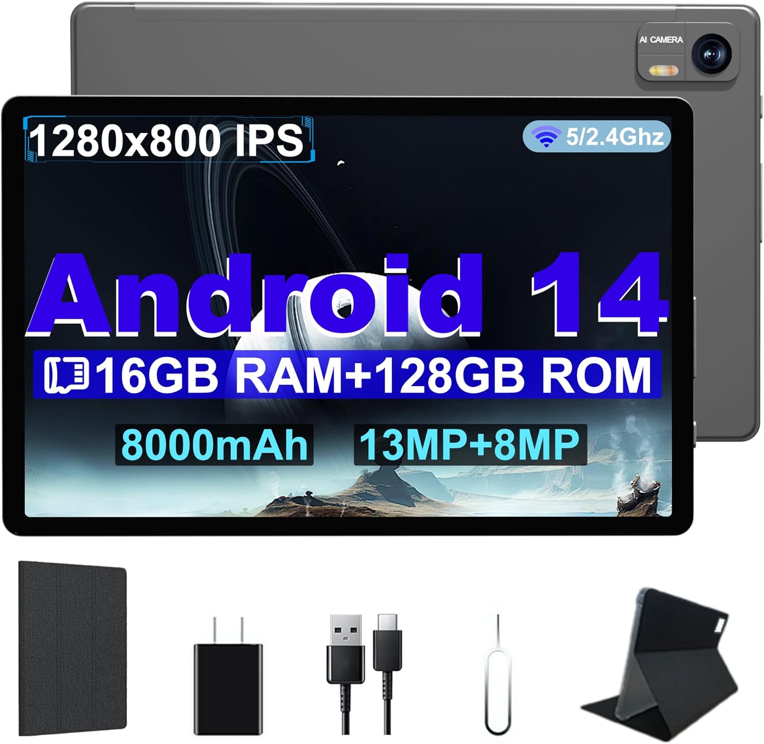 Android 14 Tablet, 10.1 Inch Android Tablet PC, 16GB RAM 128GB ROM 1TB Expand, 6000mAh Battery, Octa-Core 10.1 Inch with 13MP+8MP Camera/Bluetooth/GPS/WiFi/HD Display (Dark Gray)