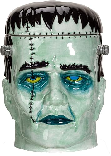 Miniatura 2 de Summit Collection Frasco de galletas con cabeza de Frankenstein de Halloween con tapa de cerámica de 8.5 pulgadas de alto