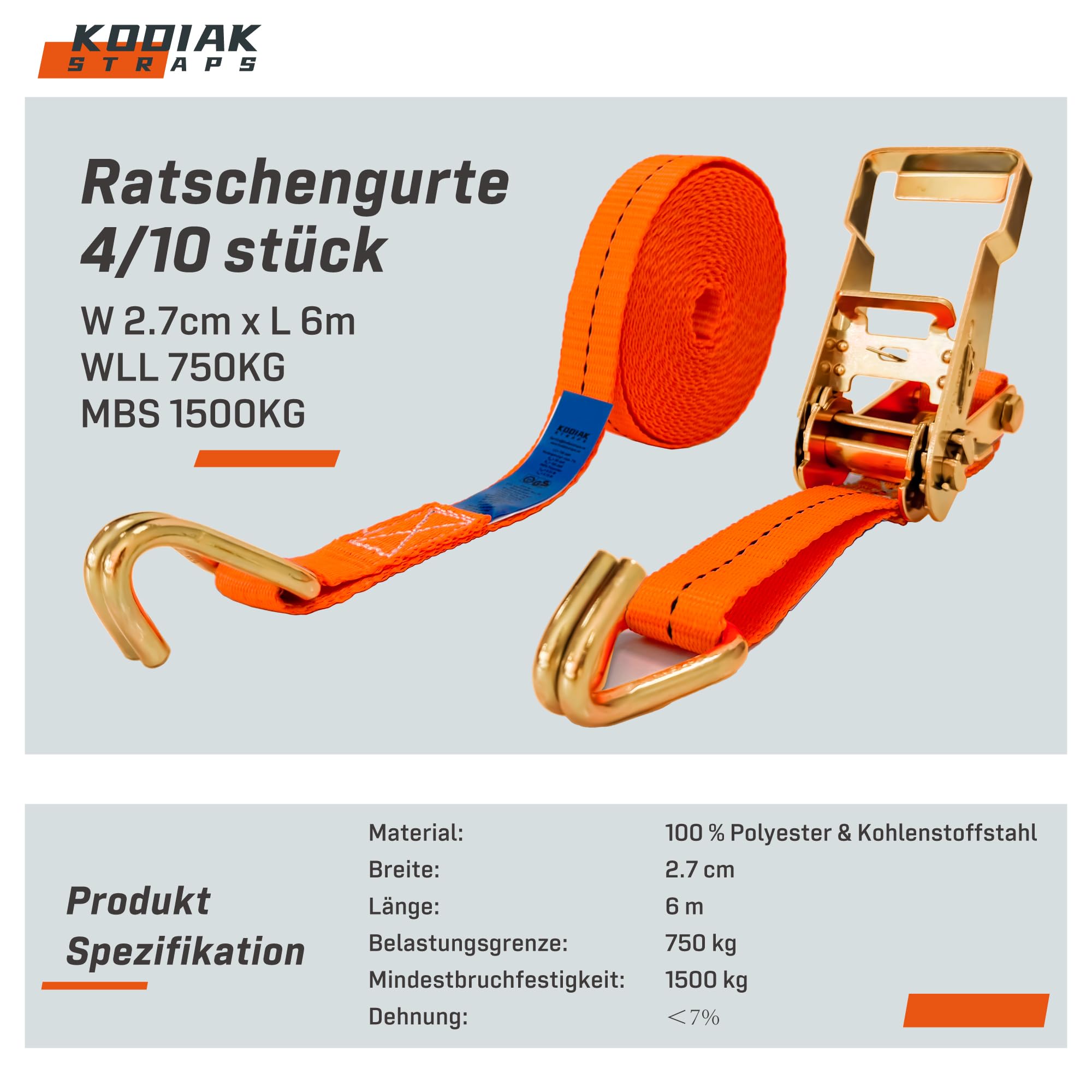 10 Stück Spanngurte 6m x 1500kg mit Ratsche und Haken - 27mm Zurrgurte mit Ratsche - Orange Ratschengurt für Ladungssicherung - TÜV/GS geprüft nach DIN EN 12195-2 - KODIAK STRAPS