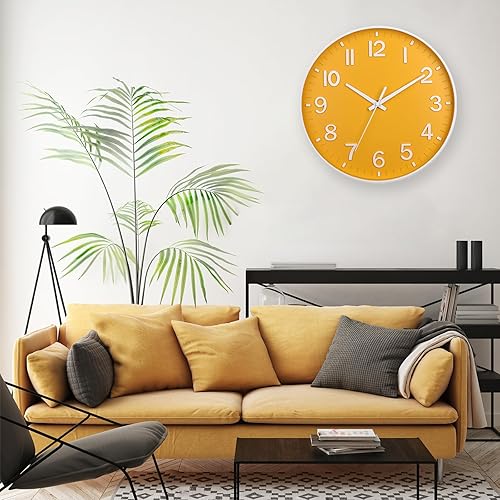 Miniatura 6 de HZDHCLH Reloj de pared amarillo con pilas, 12 pulgadas, silencioso, sin tictac, moderno, para sala de estar, dormitorio, cocina, oficina, decoración