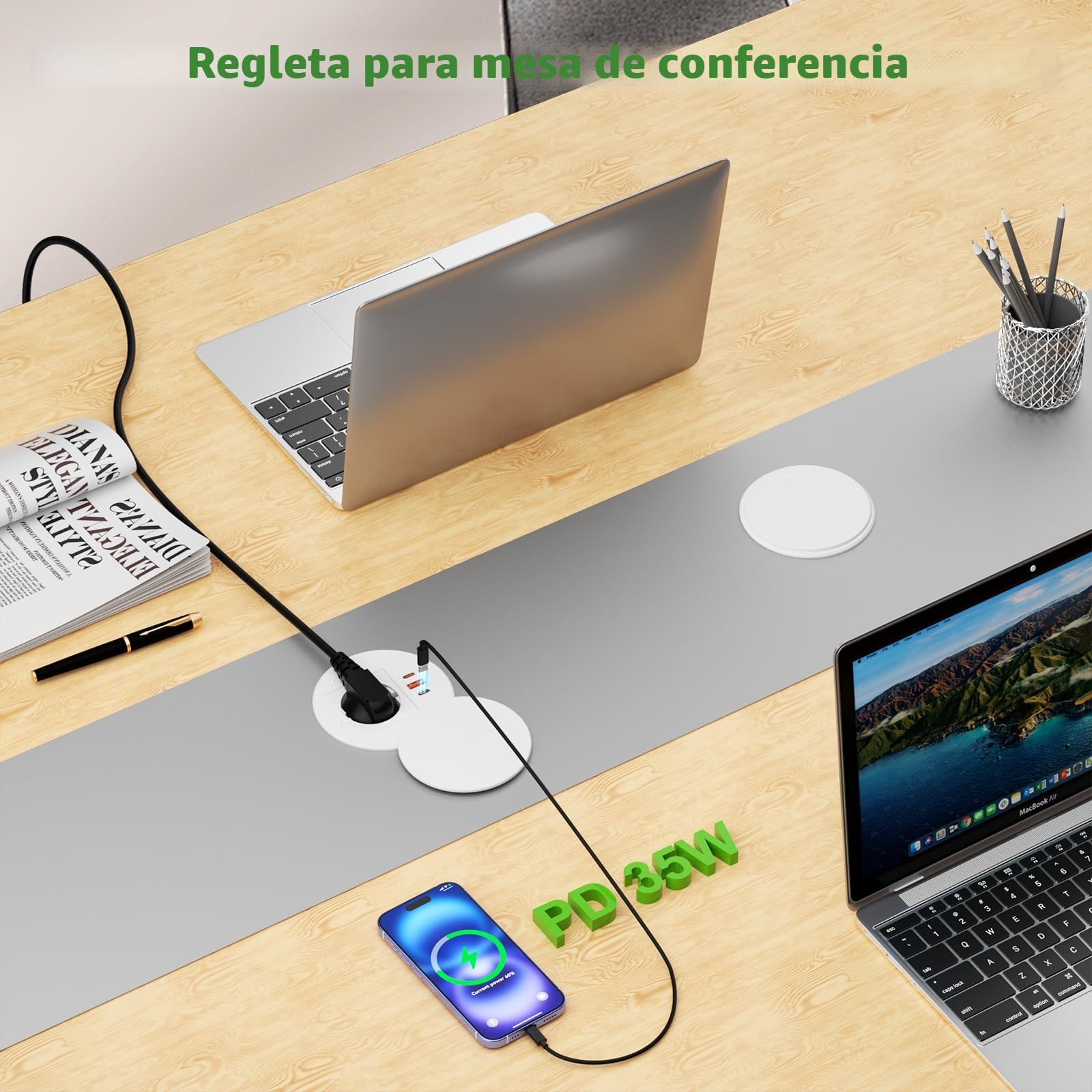 Enchufe Empotrable Mesa con USB C PD 35W, Regleta de Mesa con 3 USB y Tapa, Regleta Empotrable para Muebles o Superficies de Trabajo, Cable de 1,8 m, Blanco
