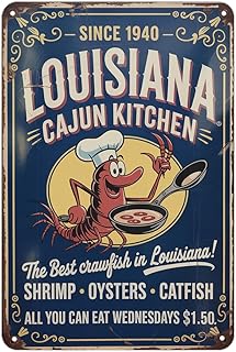 Louisiana Cajun Kitchen Crawfish Shrimp Oysters Catfish Vintage Seafood Restaurant Metal Sign Print Aesthetic Room Decoration for Home Bedroom Kitchen Bar Dorm Bathroom Wall Decor 8 x 12 Inch