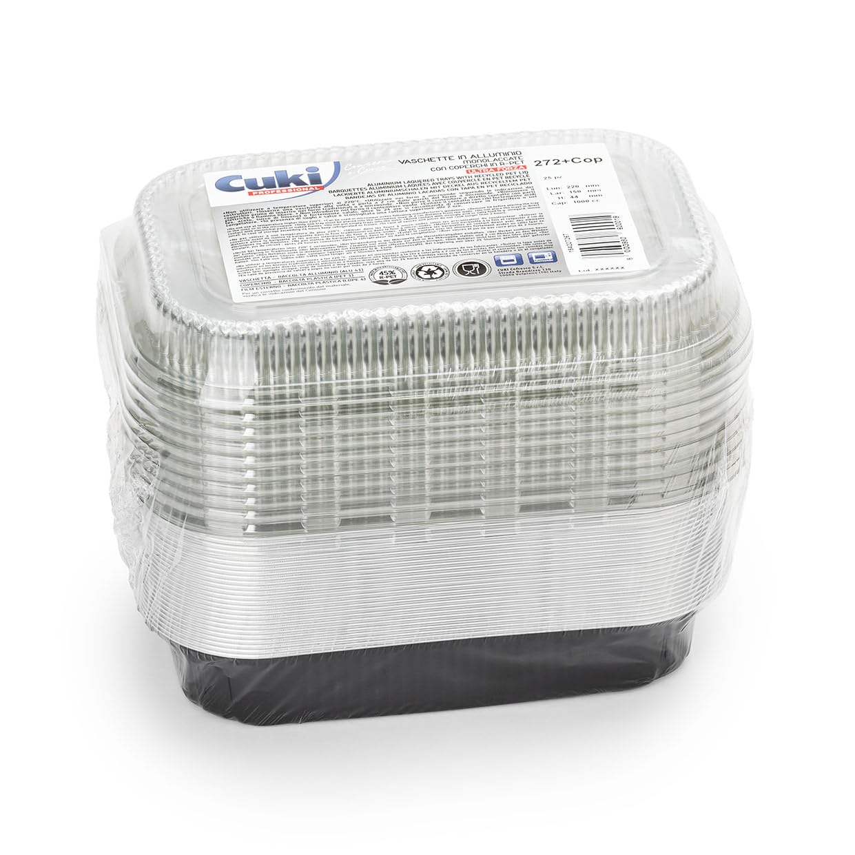 vaschette alluminio con coperchi ultra-forza, 2 porzioni, laccate, cm22x15xh4 , 1 confezione da 25 pezzi, monouso per forno, microonde, frigo, cottura, conservazione