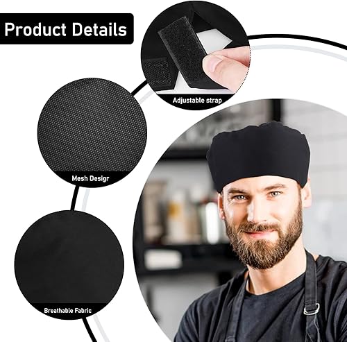 Miniatura 7 de Yolev 4 gorras de chef unisex ajustables para cocina, con malla transpirable, tapas de cocina con elástico, talla única, parte superior de malla