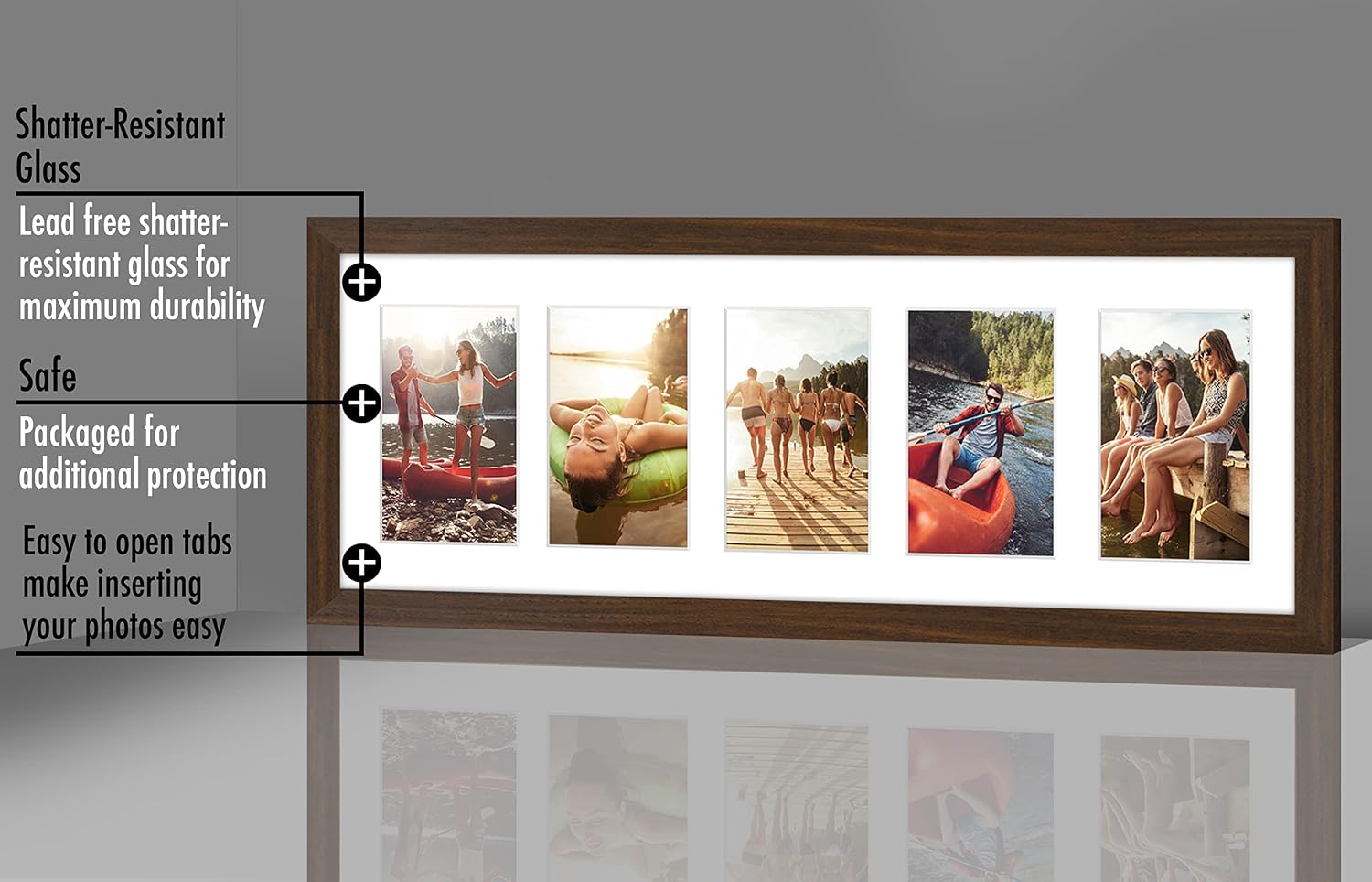 Americanflat 4x6 Collage Picture Frame with Shatter-Resistant Glass - Fits Five 4x6 Photos or Use as One 8x24 Picture Frame - Signature Collection - Collage Frames for Wall Display - Walnut