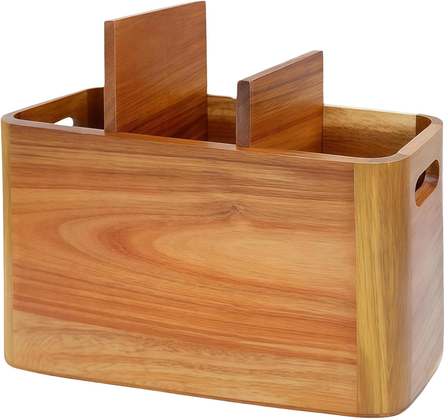 Wooden Kitchen Utensil Holder, Countertop Wood Storage Box, Adjustable Dividers, Large Capacity Kitchenware Organizer, Smooth