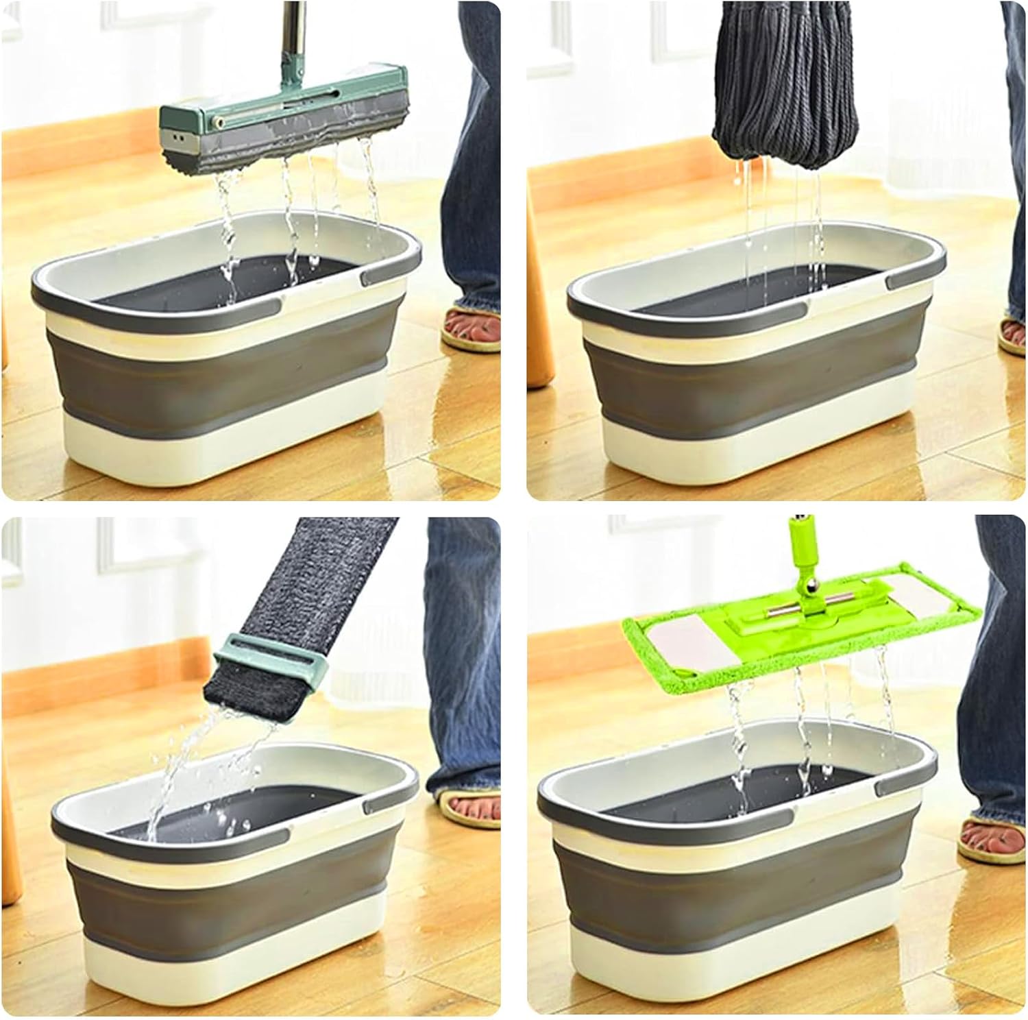 Large Collapsible Plastic Bucket with Wheels, 17L (4.5 Gallons) Cleaning Mop Buckets for House Cleaning, Camping, Multi-Purpose Rectangular Handy Basket, Grey
