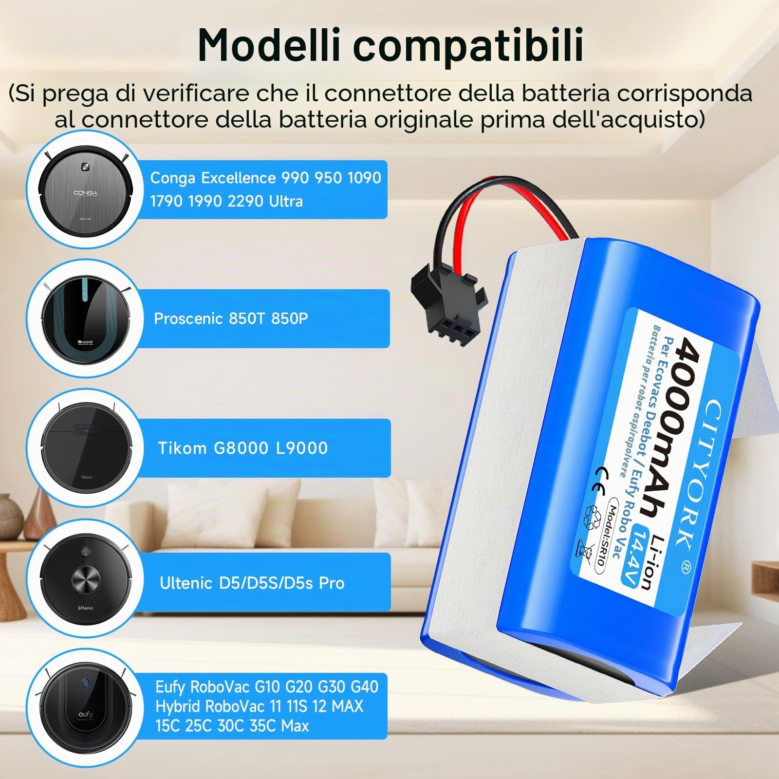 CITYORK 4000mAh Batteria per Proscenic 850T 850P, per Honiture G20, per Lubluelu SL61/SL60D, per Ultenic D5/D5s Pro, per Venga 3000 3001, per Lefant T700, per Tikom G8000, per Bagotte BG600 BG750 Max