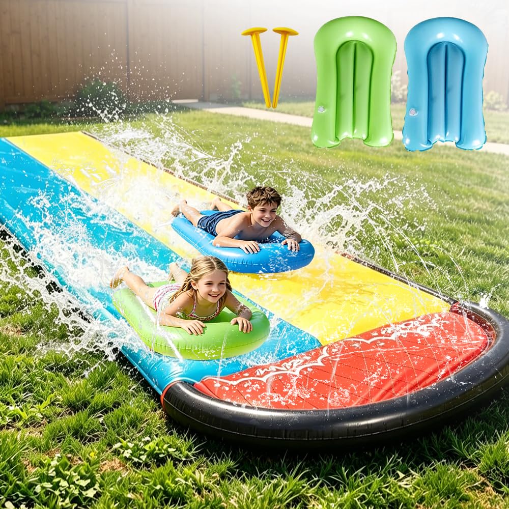 Wasserrutsche Garten 480x140 cm Doppelrutsche mit eingebautem Sprinkler Double Water Slide 2 Bodyboards