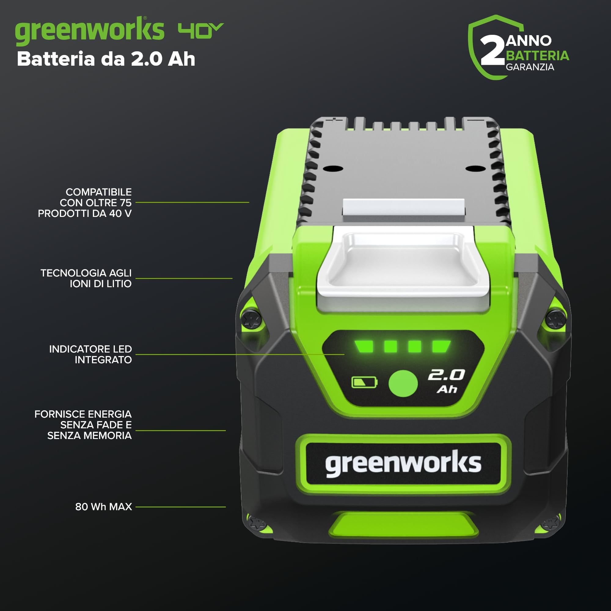 Greenworks Batteria 40V 2Ah - Batteria agli Ioni di Litio per Tutti gli Attrezzi da Giardino ed Elettroutensili Greenworks da 40V, Ricarica Rapida, Indicatore LED di Ricarica, Garanzia 2 Anni - G40B2