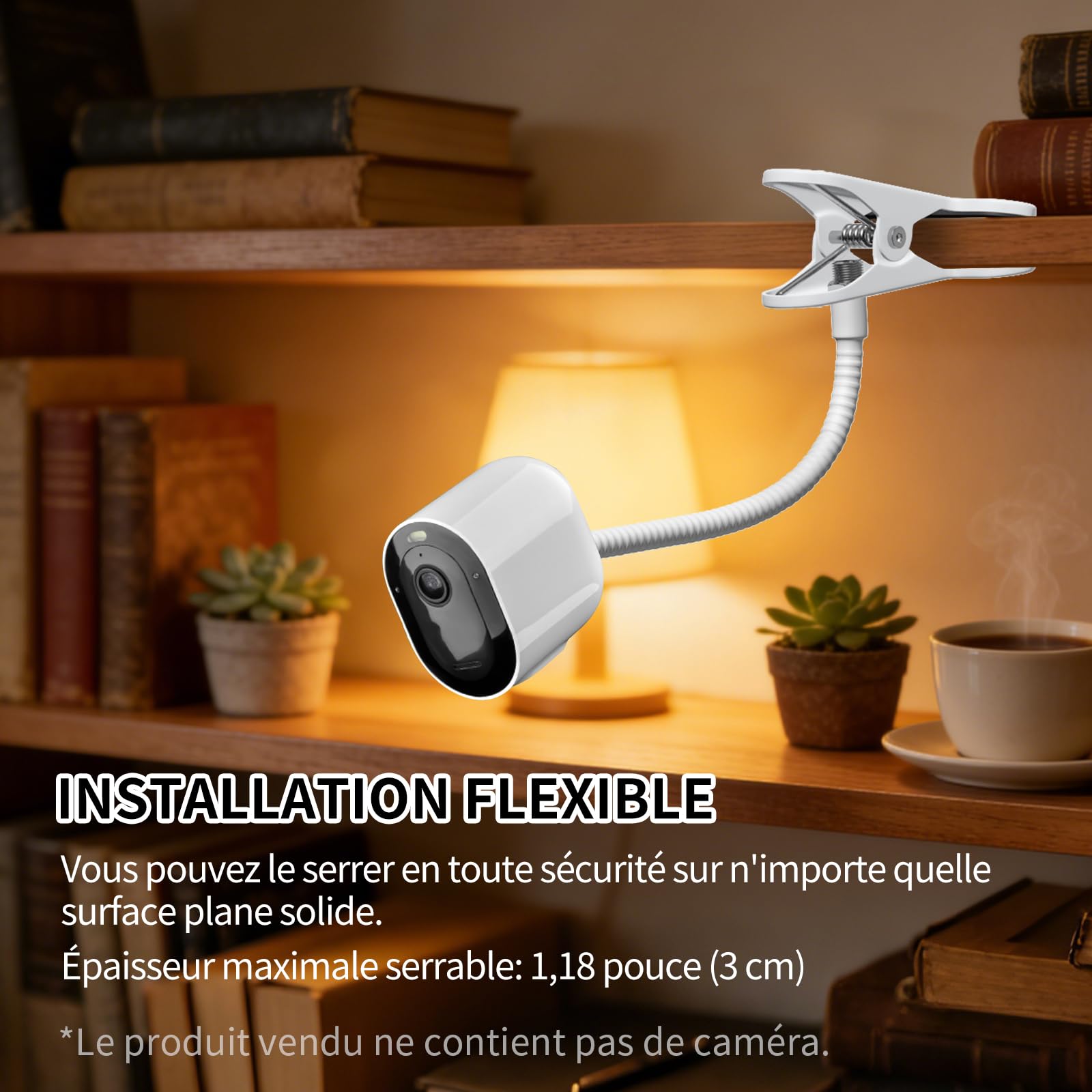 Support Flexible pour caméra pour Ring, Blink, Eufy, Google Nest, Wyze, Arlo et Autres caméras d'intérieur et d'extérieur avec Trou fileté 1/4, sans Outils ni dommages au Mur, Blanc