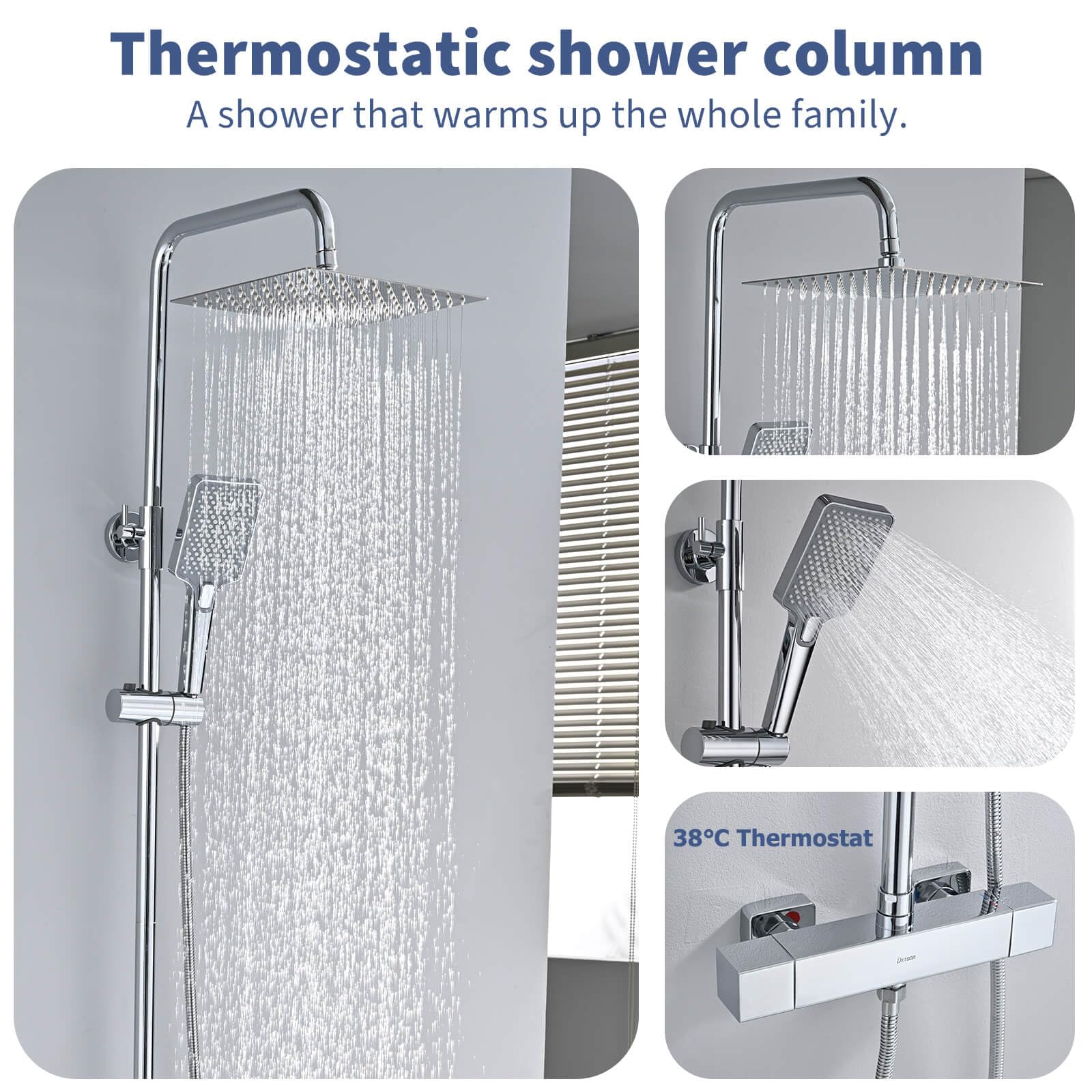 Columna Ducha Termostática, DETBOM Set de Ducha Cuadrado Acero Inox, Cabezal de Ducha de Lluvia, Barra Ducha de Altura Ajustable, Cromada