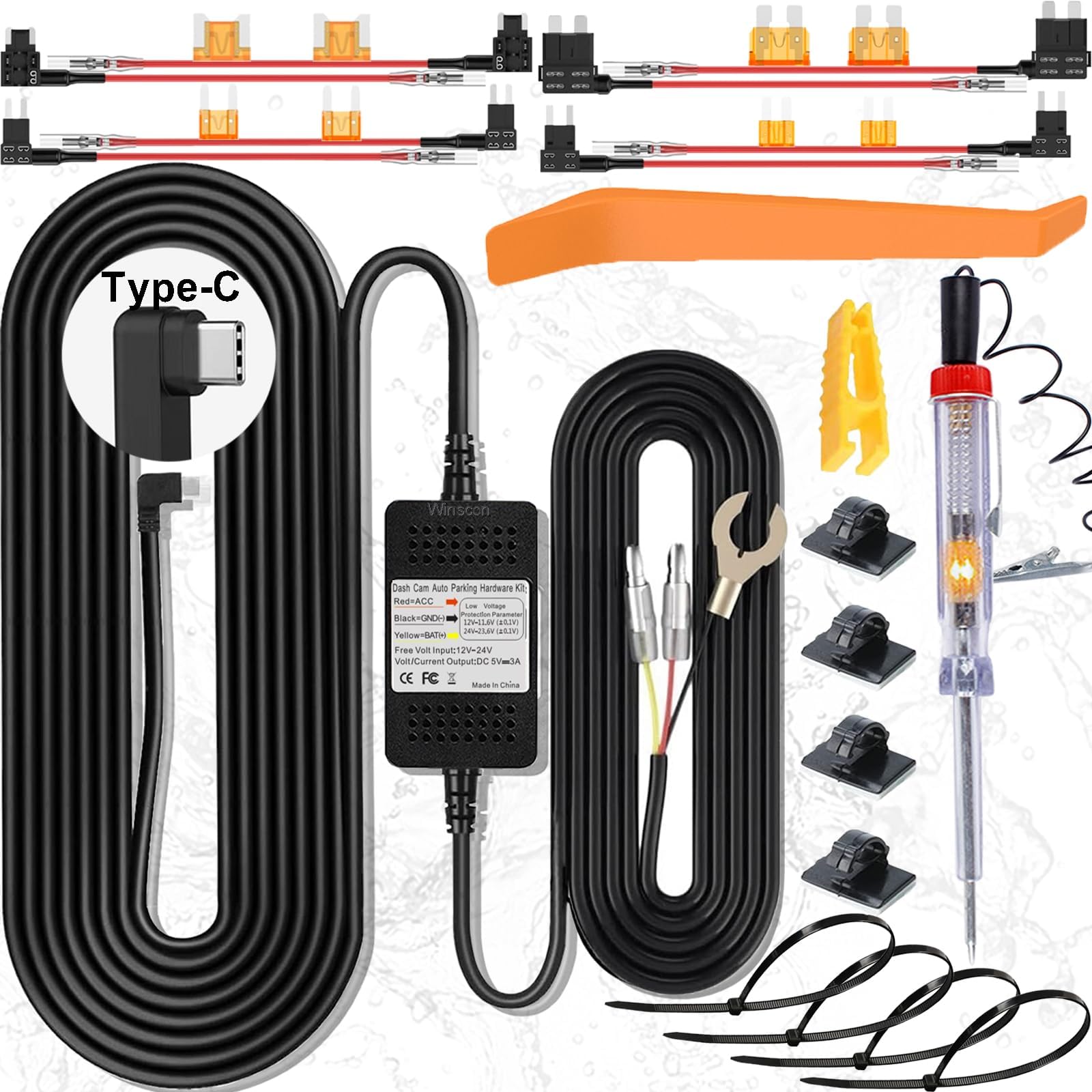Dash Cam Hardwire Kit, Car Dash Camera Type C Charger Hard Wire Kit for Dashcam DC 12-24V to 5V/3A Low Voltage Protection 24h Parking Surveillance with Fuse Tap for Car Dashcam, GPS, Radar (Type C)