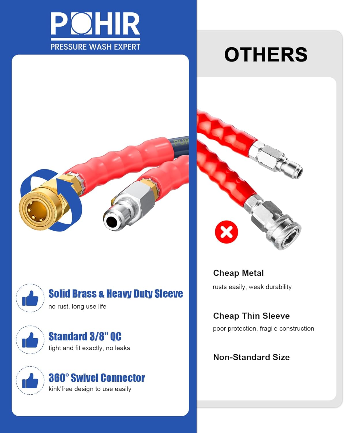3/8'' Pressure Washer Hose 50FT Non Marking 4800psi with Quick Connect, Power Washing Hose Kink Resistant Steel Wire Braided, Upgraded 4-Layer Structure Commercial&Home Use for Clean Car Yard Garden