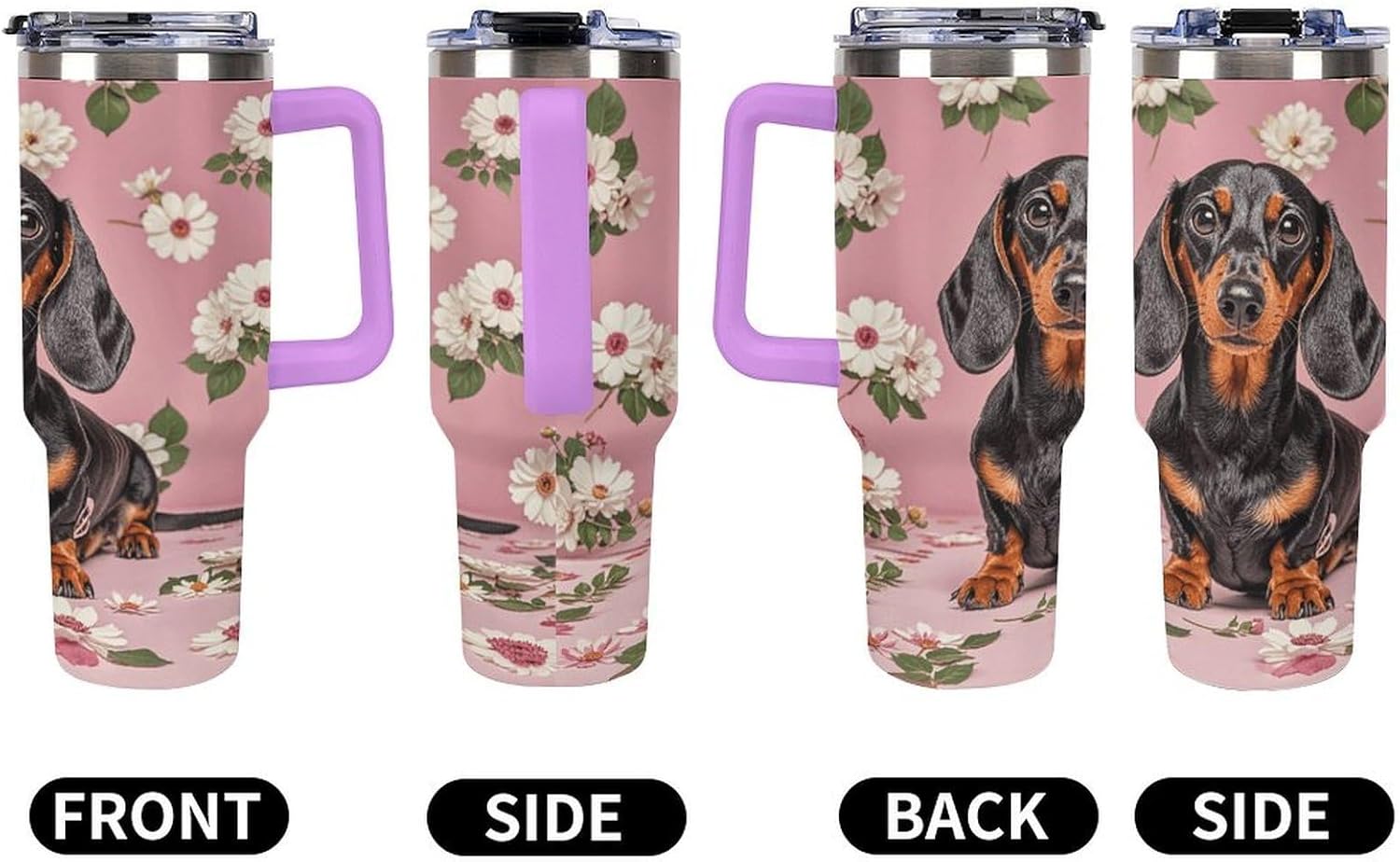 Dachshund Florals Travel Coffee Mug Reusable Durable Stainless Steel Insulated Tumbler with Handle And Straw Leak Resistant Portable Thermal Cup Gifts for Men Women 40 Oz