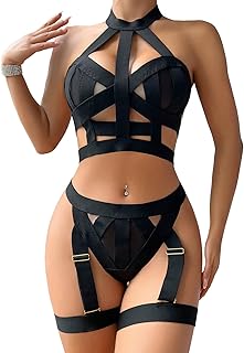 Sexy Chocker Halter Cutout Strappy Rave Outfits Push Up Garter Belt Women Mesh Sheer Lingerie Set Harness Bra Panty