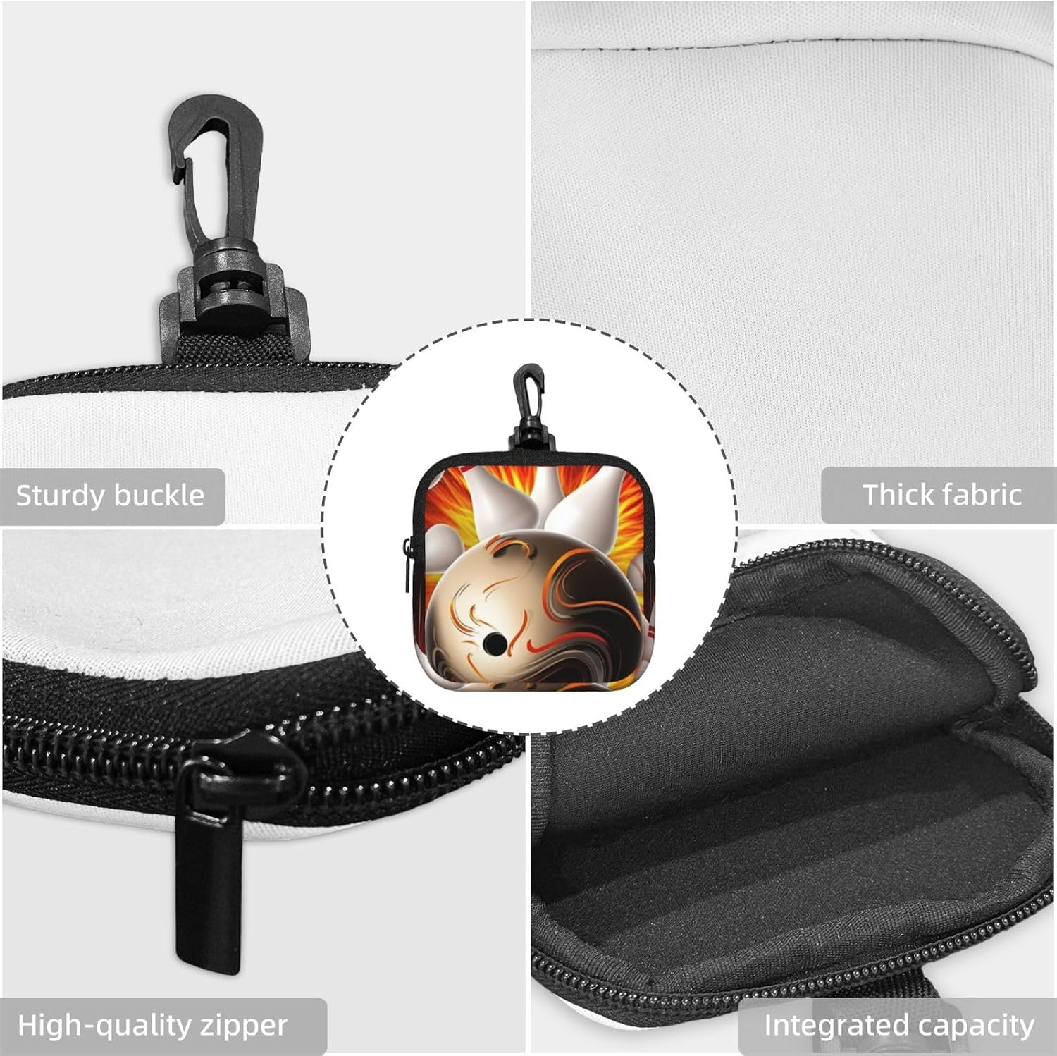 Mini Pouch with Carabiner, Neoprene Travel Makeup Bag with Zipper Tool Storage Pouch Vintage Sport Bowling Ball Coin Purse Portable Earbud Case Waterproof Card Holder Wallet for Women Men image 5