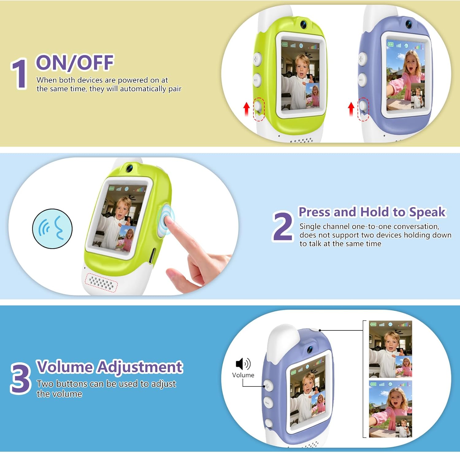 Video Walkie Talkies for Kids, 2 Pack Rechargeable Video Walkie Talkies, HD Camera, Voice Changer, for Family Fun Camping and Travel, Ages 3-12, Green and Purple