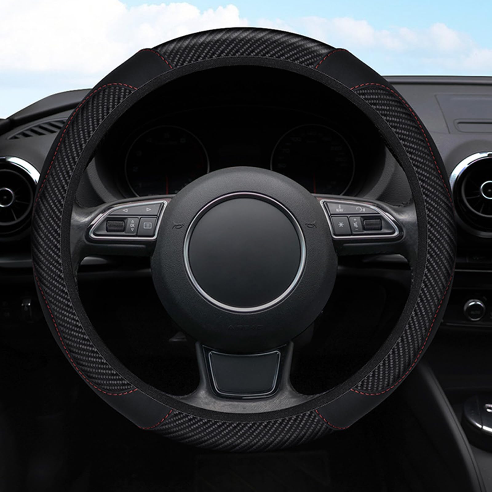 15 Inch Car Steering Wheel Cover, Microfiber PU Leather Elastic Carbon Fiber Auto Steering Wheel Protector, Breathable Anti-Slip for Women Men, Car Interior Accessories for Most Cars (Black)