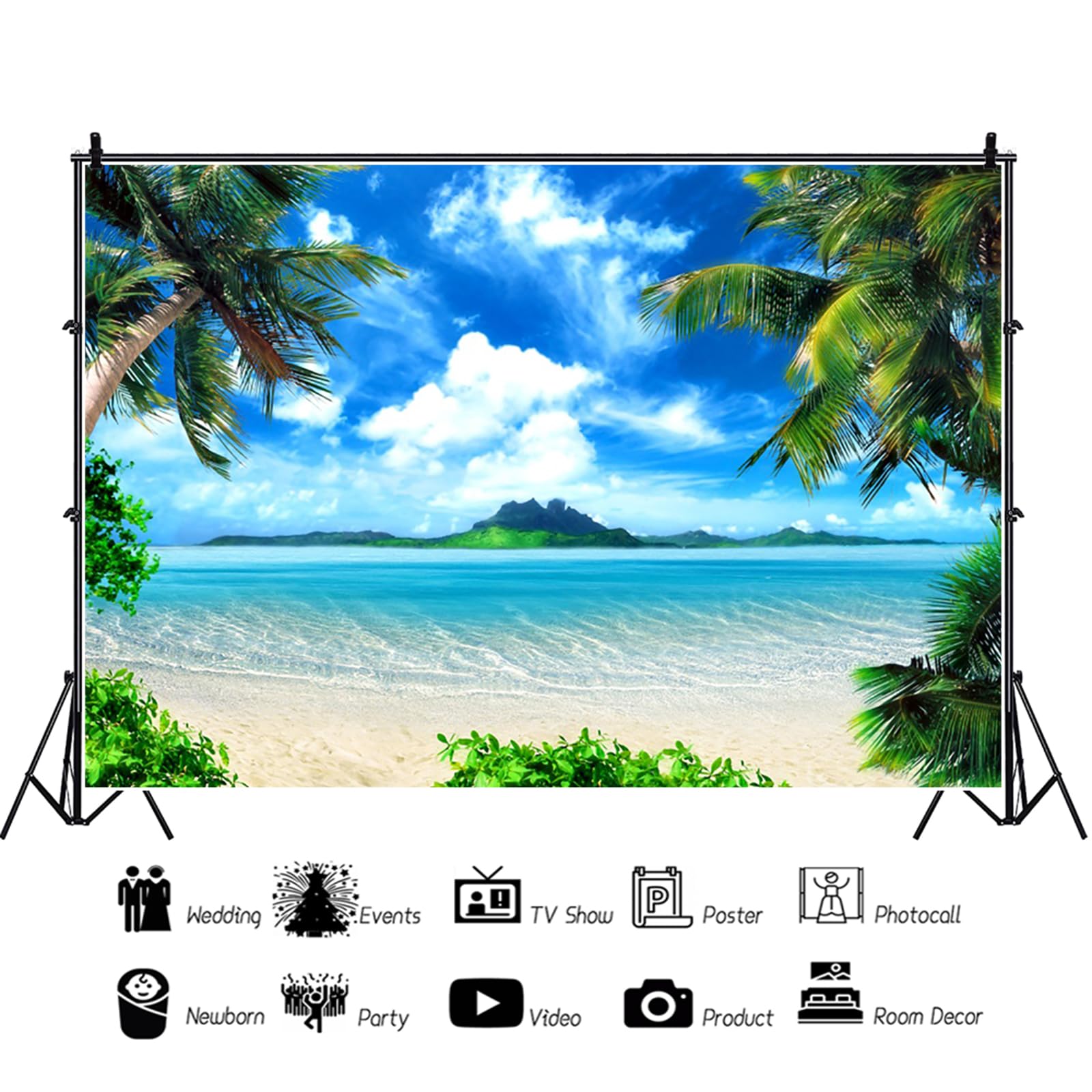 Toile de Fond Photo d'été Plage 3x2m, Tropical Hawaï Côte Île Océan Palmiers Photographie Fond Mariage Bébé Anniversaire Douche Nuptiale Voyage Fête Décoration Bannière Studio Accessoires