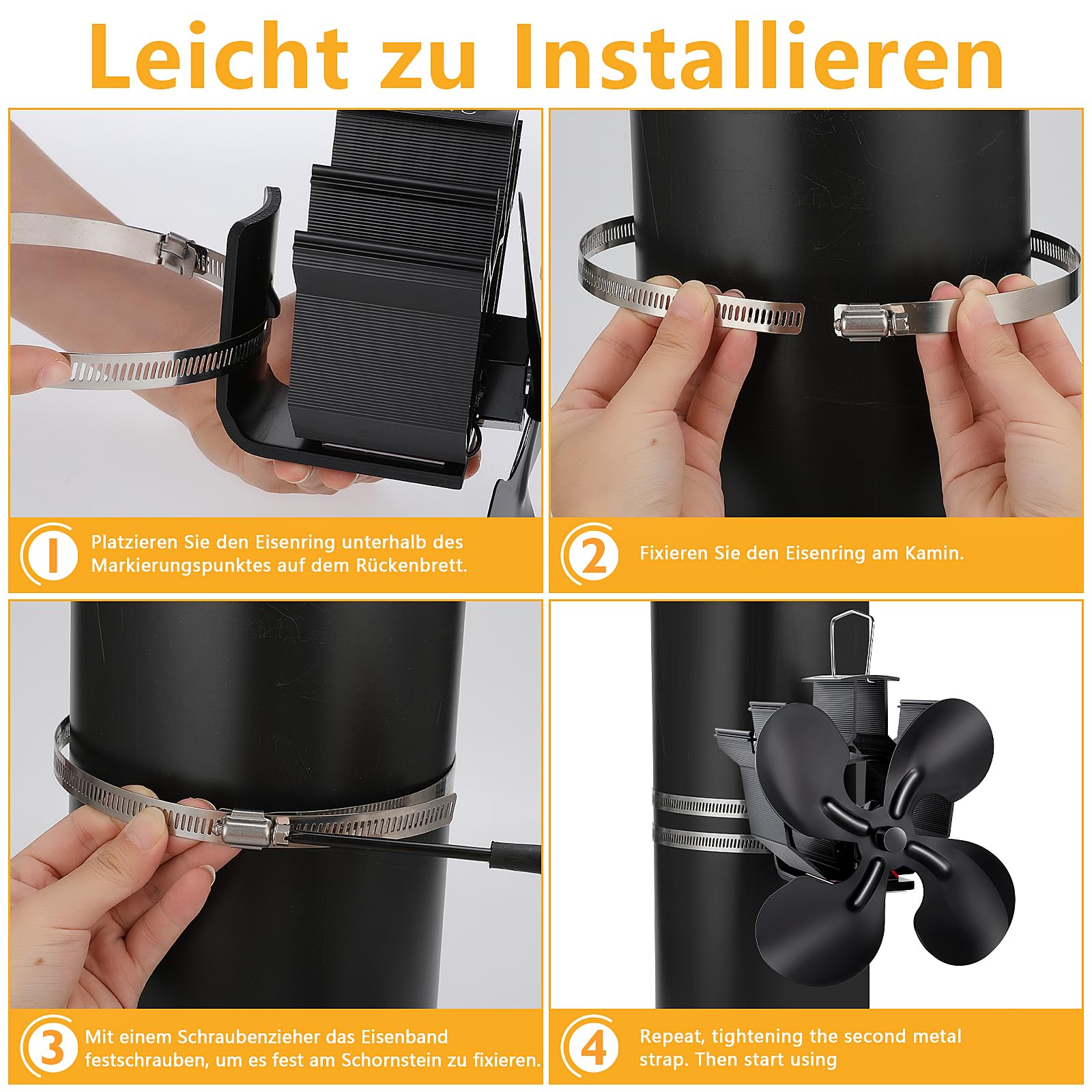 Hanaoyo Ofenventilator Ohne Strom, Kaminventilator mit Thermometer, Kaminlüfter für Holz/Brennholz/Feuerstelle/Ofenrohr, Ofenventilator für Rauchrohr mit 1 Ofenthermometer und 2 Ersatzringen