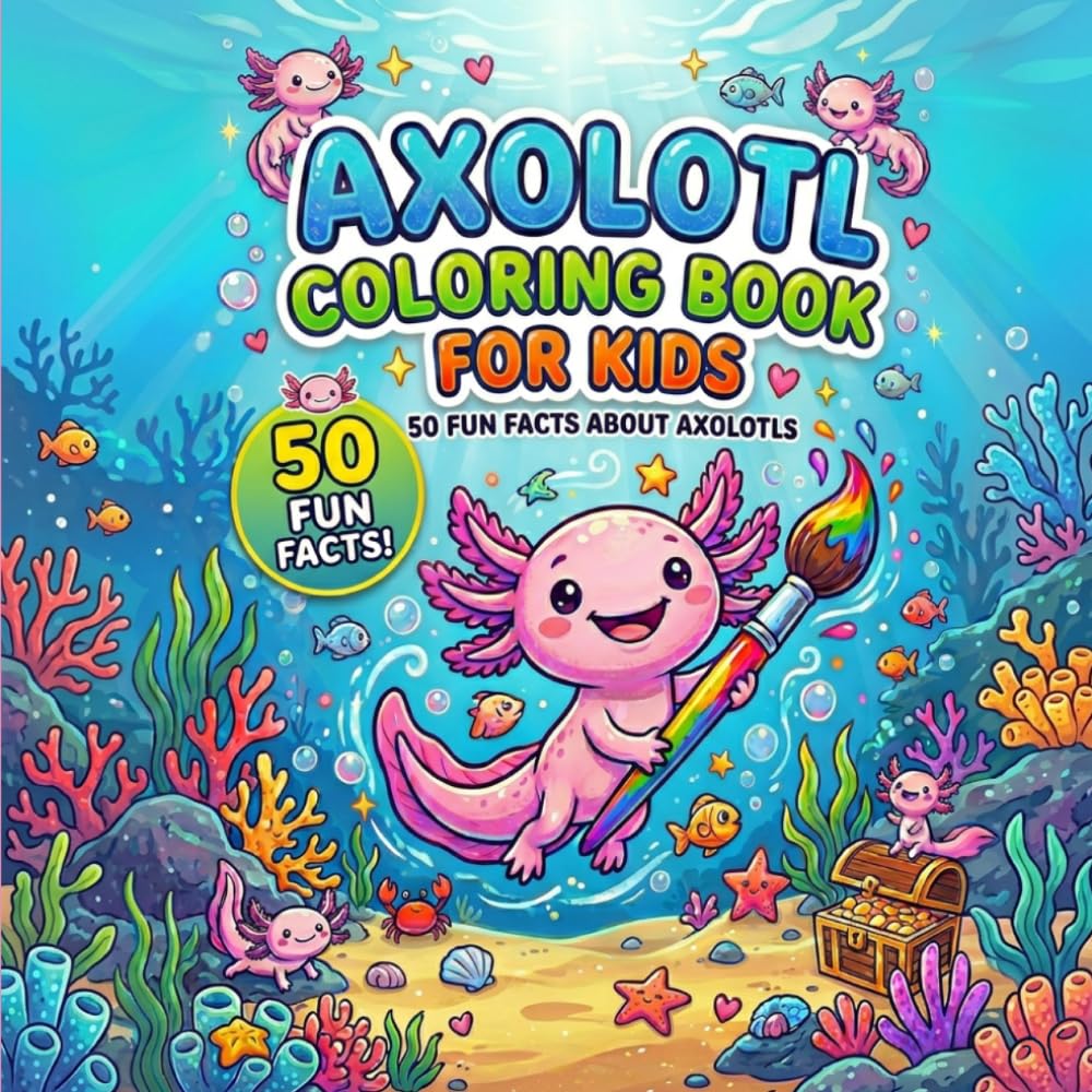 Axolotl Coloring Book for Kids: 50 Fun Facts About Axolotls, Cute Underwater Scenes, Easy & Relaxing Coloring Pages for Boys & Girls Ages 4–8