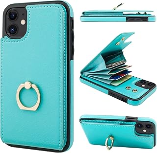 Folosu Compatible with iPhone 11 Case Wallet with Card Holder, 360Â°Rotation Finger Ring Holder Kickstand Protective RFID Blocking PU Leather Double Buttons Flip Shockproof Cover 6.1 Inch Green