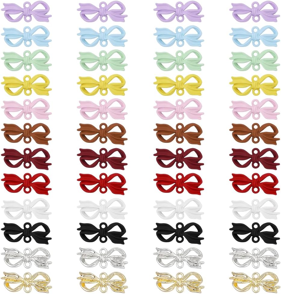 48Pcs Bow Charms 12 Colors Alloy Bowknot Connector Charms Colorful Double Loop Pendant Connector Bulk for Earrings Bracelet Necklace Jewelry Making DIY Craft Accessories