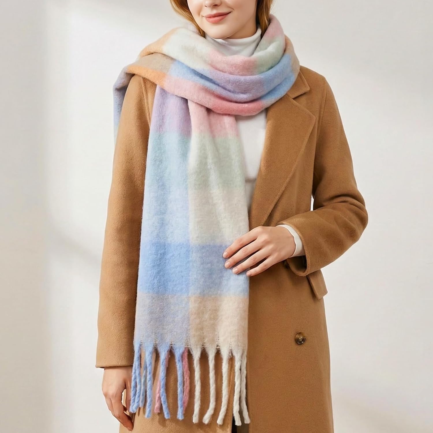 Large Chunky Plaid Scarf Coloured Checked Oversized Scarf Tassel Soft Fall Winter Thick Warm Shawl Women - Image 5
