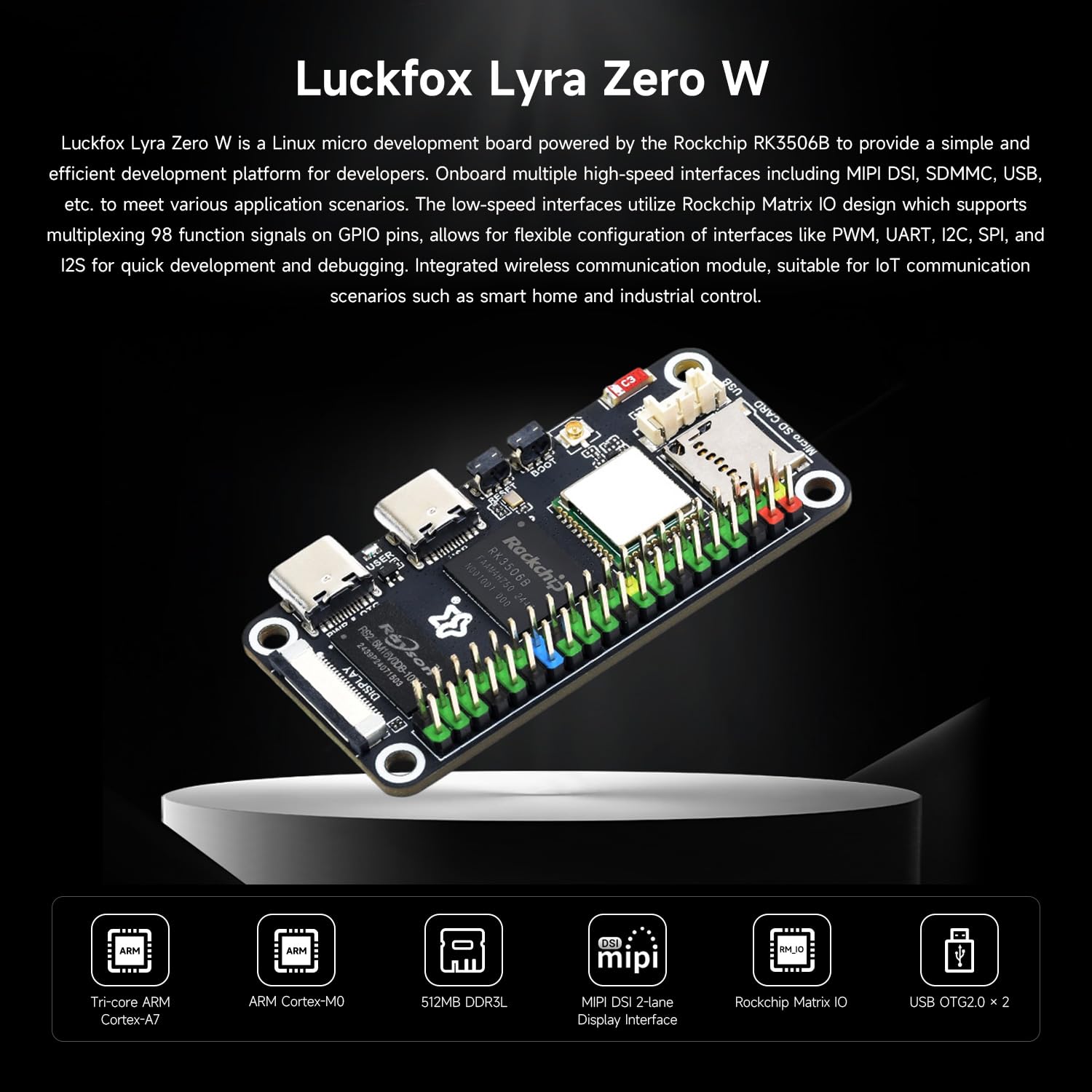 Waveshare Luck-Fox Lyra Zero W Micro Linux Development Board Based on RK3506B Chip, Integrated with Triple-Core Arm Cortex-A7 and Arm Cortex-M0 Processors