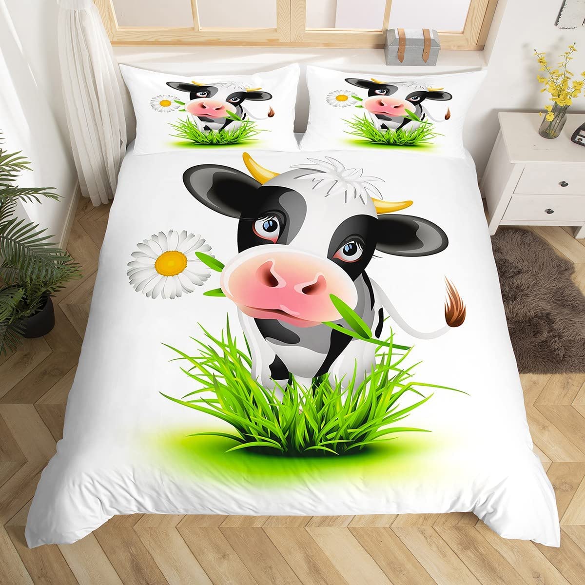 Housse de Couette 240x260 Vache LaitièRe Parure de Lit 2 Personnes Microfibre Anti-Pli avec Zip
