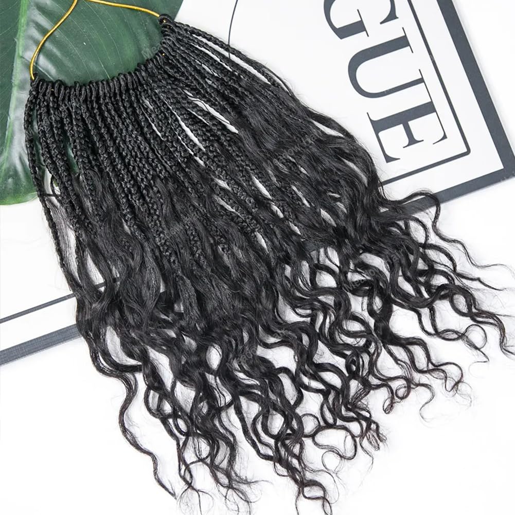 Boho Box Braids with Human Hair Curls, Pre Looped, Reusable, 10 Inch, 80 Strands, Black, Crochet Installation, Curly, Boho Style, Hair Extensions