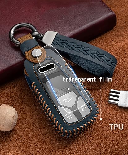 Miniatura 3 de ontto Llavero de cuero inteligente para Audi A4 Q7 Q5 TT A3 A6 SQ5 R8 S5 funda duradera para llave de automóvil, protección completa, color azul