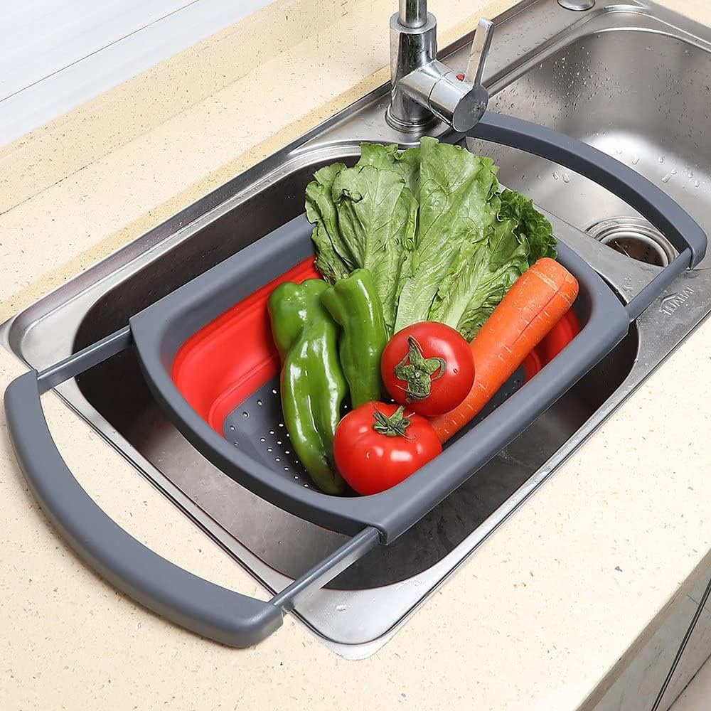 Collapsible Colander 2021 Upgrade, OBERLY Foldable Silicone Strainer Over the Sink with Extendable Handle, 6-Quart, Folding Squish Basket Kitchen for Pasta, Spaghetti, Fruit, Vegetable & Draining Food