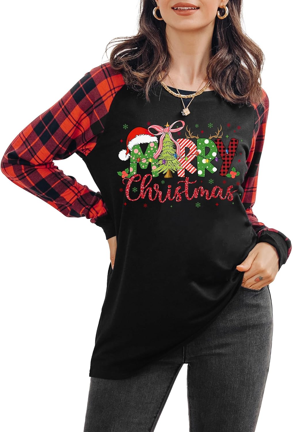Merry Christmas Shirts for Women Xmas Buffalo Plaid Tree Shirt Tops Christmas Plaid Shirt Long Sleeve Tee Tops - Image 2