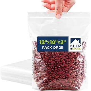 Gusseted Reclosable Bags with Bottom Gusset, Pack of 25 – Clear 2 Mil Zip Top Poly Bags, 10" x 12" x 3", 14 oz Capacity – Great for Food Storage & Bottled Liquid Packaging – Non-Toxic, Freezer Safe