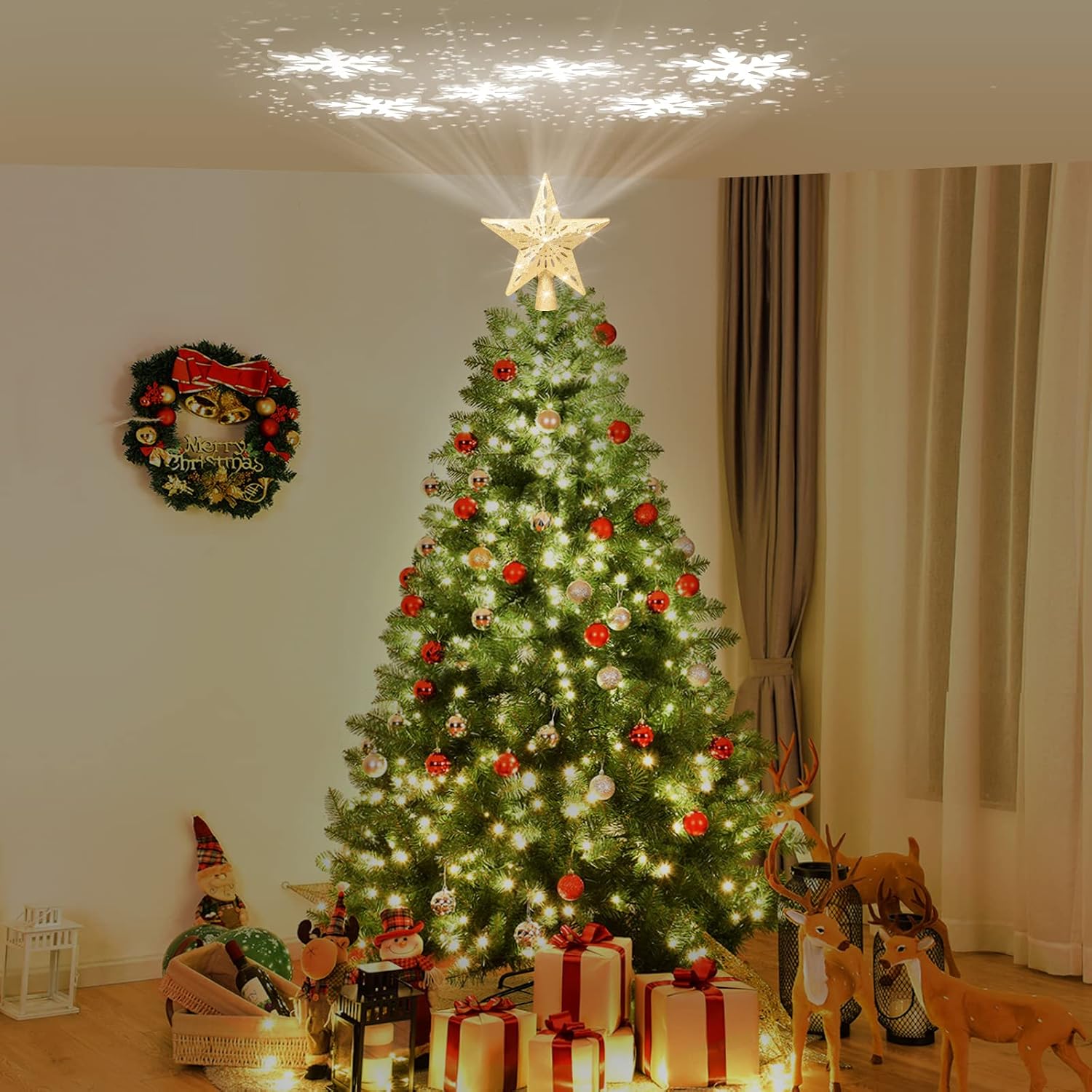 Christmas Tree Topper, Christmas Decorations for Tree, Christmas Tree Topper Lighted with Rotating Snowflake Magic Ball Led Projector, Star Tree Topper for Christmas Tree Decorations-Golden