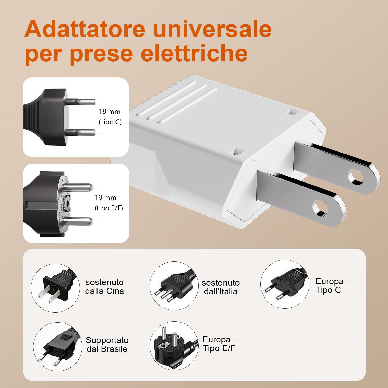 GRIFEMA Adattatore Presa USA Tipo A Confezione da 4, 6A 250V, Adattatore di Viaggio per Spine Tipo L/C/E/F/A/N