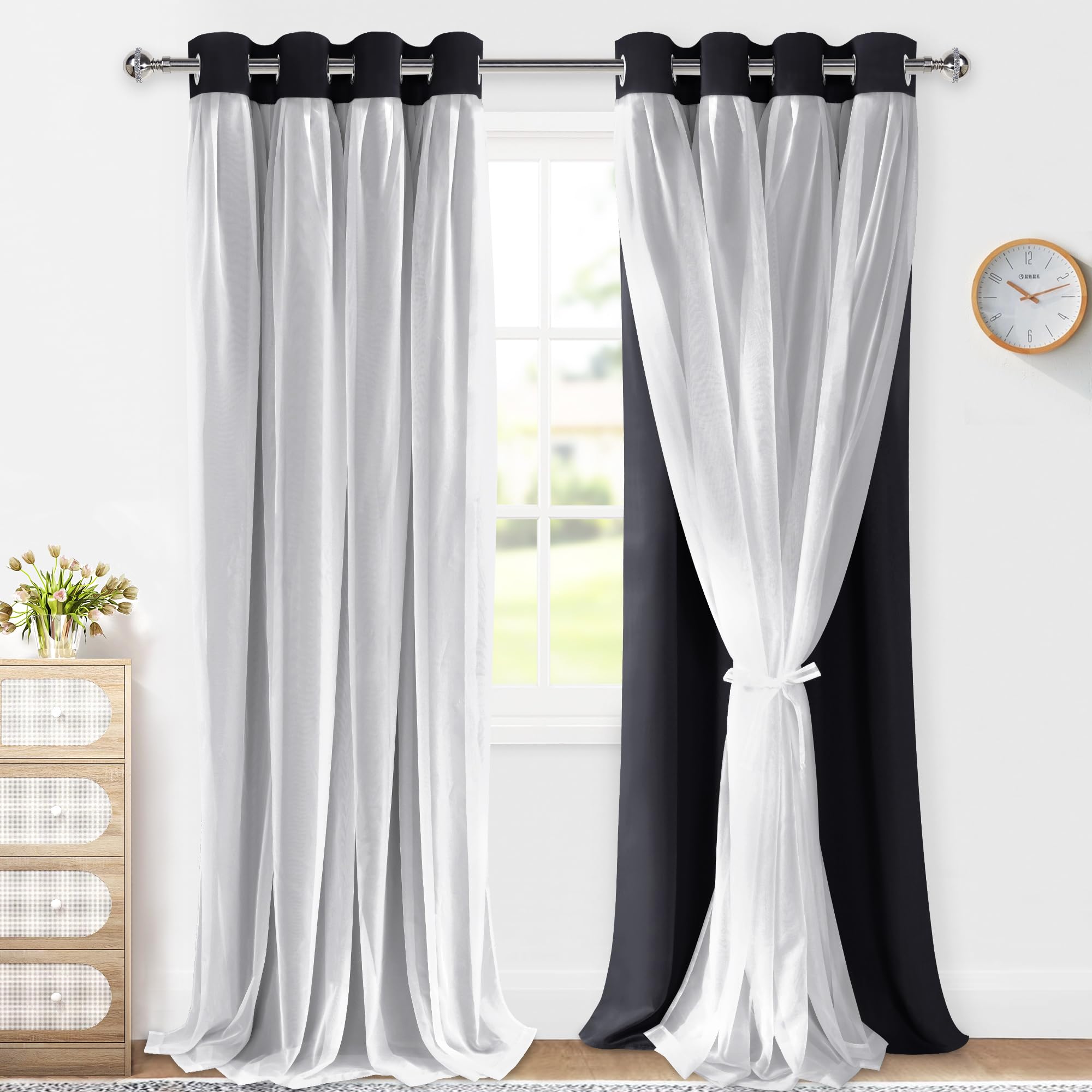 XWZO 100% Blackout Double Layer Curtains, Blackout Curtains with Sheer Overlay for Living Room, Bedroom, Grommet Thermal Insulated Privacy Curtains