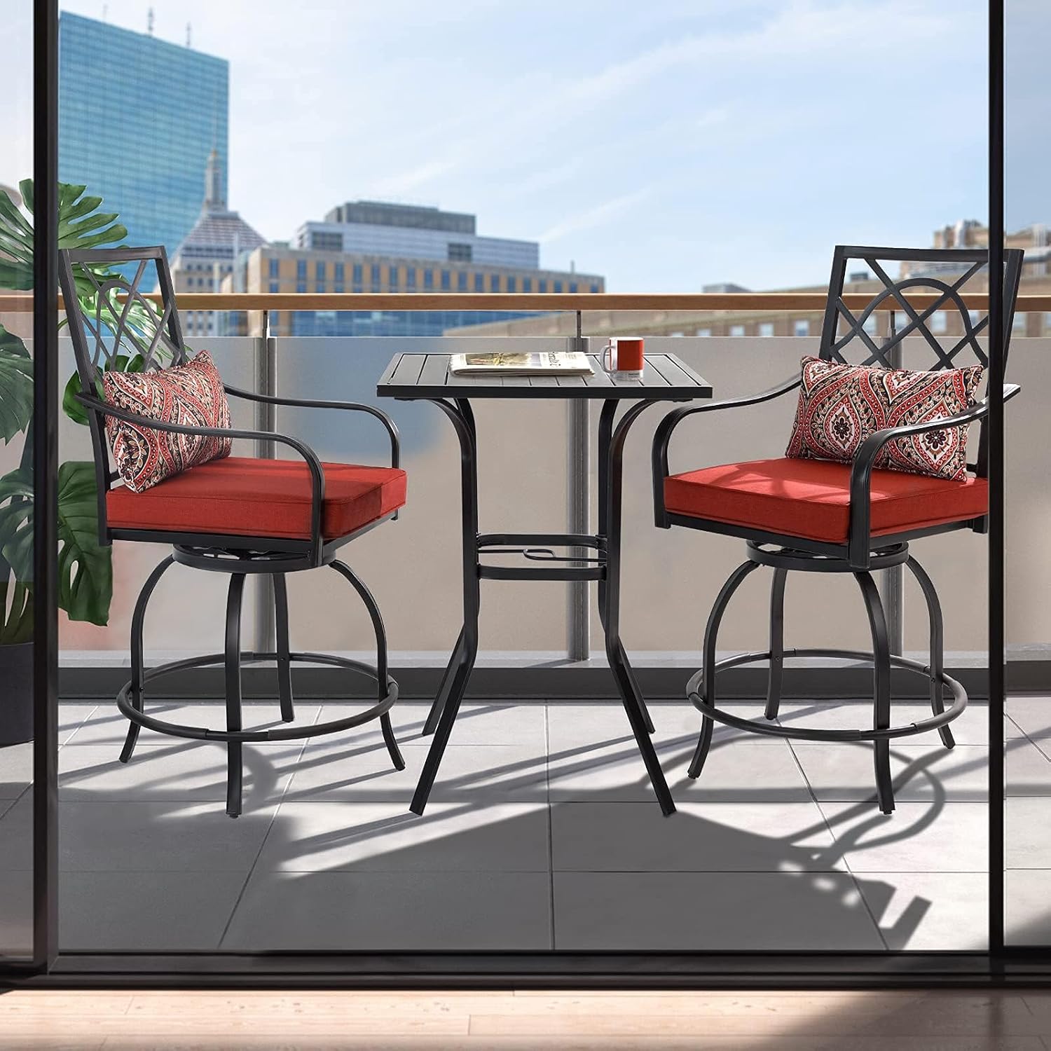 Crownland 3-Piece Patio Swivel Bar Stools Set, All Weather 360 Degree Outdoor Metal Frame Swivel Bar Chair Bar Stool with Iron High Bar Table for Backyard, Lawn Garden, Balcony(Red)