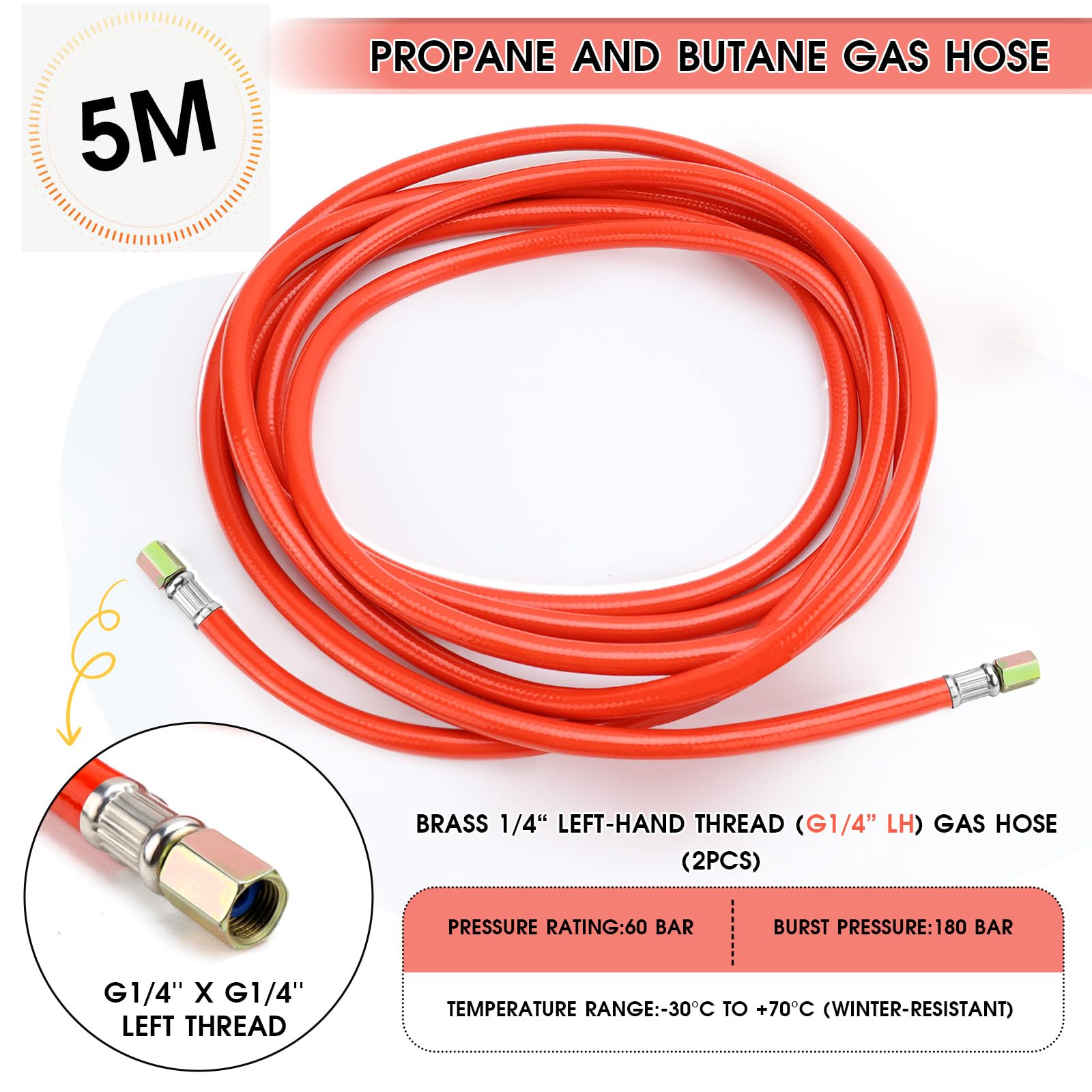 Raxfekro Manguera de gas de 5 m para propano y butano, rosca izquierda G1/4'' x G1/4'', resistente al invierno hasta -30°C