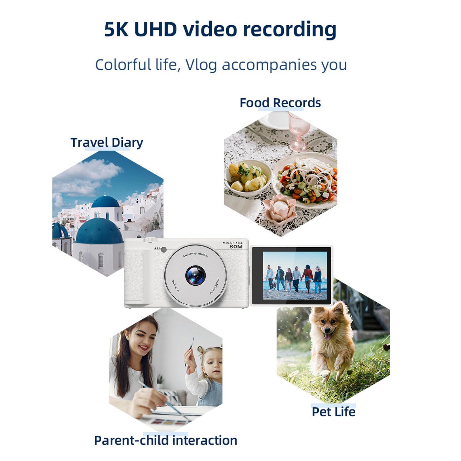 Bewinner Fotocamera Digitale 5K per la Fotografia, Fotocamera da 80MP con Schermo da 2,8 "270 °, Luce di Riempimento a LED, 18x Zoom HD Fotocamere da Viaggio Compatte per Principianti (WHITE)